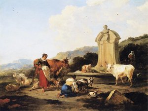 Roman Fountain With Cattle And Figures — Nicolaes Pietersz Berchem
