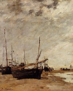 Low Tide, Grounded Sailboats — Eugène Louis Boudin