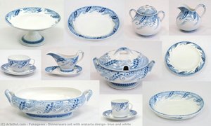 Dinnerware set with wisteria design, blue and white
