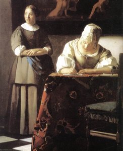 Lady Writing A Letter With Her Maid (detail) — Johannes Vermeer, Dutch Golden Age