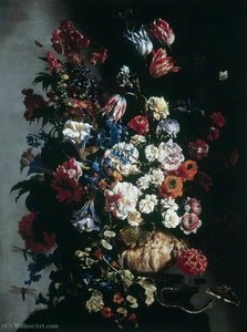 Still Life Of Flowers In An Urn, Butterflies And A Snake — Paolo Porpora