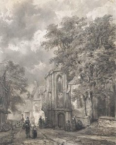 Asperen. A Town View With Figures By A Church — Cornelis Springer