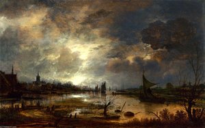 A River Near A Town, By Moonlight — Aert Van Der Neer