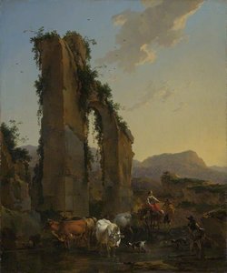 Peasants With Four Oxen And A Goat At A Ford By A Ruined Aqueduct — Nicolaes Pietersz Berchem