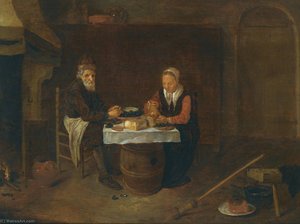 A Modest Interior With An Elderly Couple Seated At A Table, Eating Mussels And Bread — Quiringh Gerritsz. Van Brekelenkam