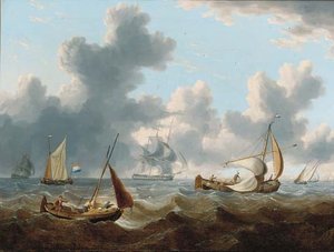 A Frigate Under Reduced Sail Running Through Crowded Waters — Charles Martin Powell