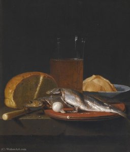 Still life with mackerel, bread, a pewter plate and a glass of beer on a table