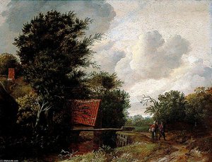 A Sluice, Wooded Landscape With Figures On A Path