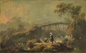 Paysage Au Pont, Pêcheur Et Lavandière — Jean-baptiste Pillement