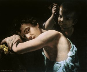 Two youths with grapes