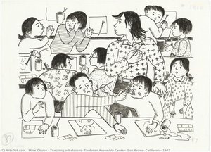 Teaching Art Classes, Tanforan Assembly Center, San Bruno, California, 1942 — Miné Okubo