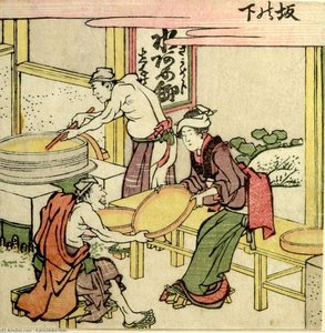 Two Men And A Woman Making Candies — Katsushika Hokusai, Ukiyo-e