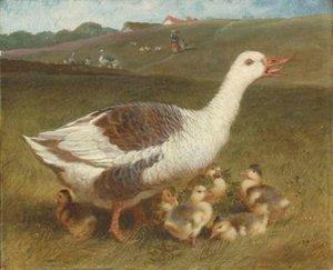 A Goose And Goslings In A Landscape, Figures Beyond — John Frederick Herring Senior