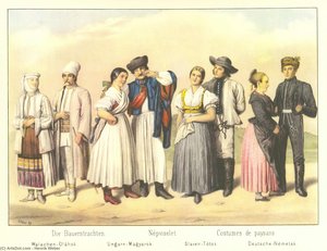 Traditional peasant clothing of Hungary-Romanians, Hungarians, Slovaks and Germans