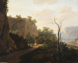 A Rocky Landscape With Figures, Sunset
