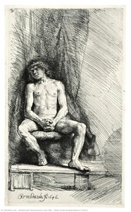 Nude Youth Seated Before Curtain — Rembrandt Van Rijn