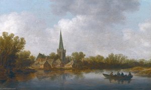 River landscape with a village on the far shore, and a rowing boat with four figures
