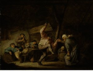 Peasants In An Inn With A Couple Dancing To The Music Of A Bagpipe Player And Others Drinking And Smoking At A Table — Adriaen Van Ostade