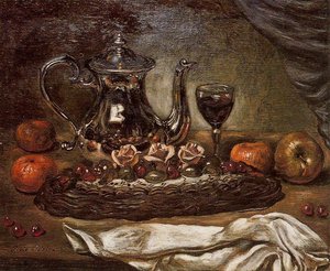 Silver Teapot And Cake On A Plate — Giorgio De Chirico