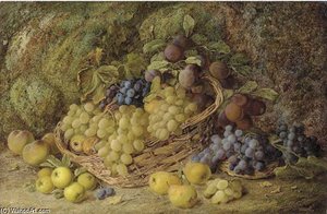 Grapes, Apples, Plums And Blueberries In A Wicker Basket, With Pears And Peaches On A Mossy Bank — Vincent Clare