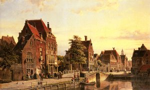 Figures By A Canal In A Dutch Town — Willem Koekkoek