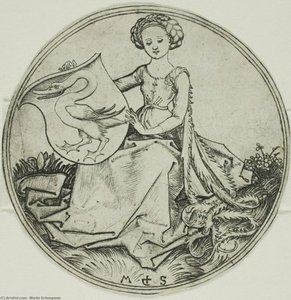 Shield With A Swan,held By A Seated Lady — Martin Schongauer