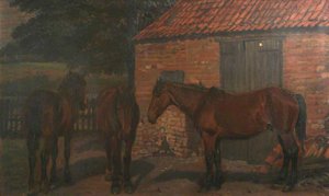 Three Brown Horses Standing Outside A Stable — William Edward Millner