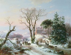 Wooded Winter River Landscape, — Andreas Schelfhout