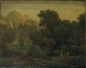 Paysage à la cascade avec faunes dansants