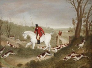 Hunting Scene - A Huntsman Encouraging Hounds Through A Gate — Richard Barrett Davis