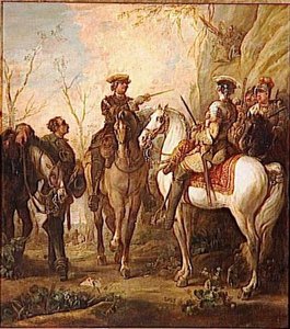 SCENE DE LA VIE MILITAIRE SOUS LOUIS XV UN OFFICIER A CHEVAL DONNANT DES ORDRES A UN CAVALIER