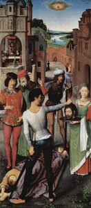 Triptych Of The Mystical Marriage Of St. Catherine Of Alexandria, Left Wing: The Beheading Of John The Baptist — Memling, Hans