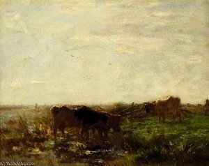 Cows On The Water's Edge In A Polderscape — Willem Maris