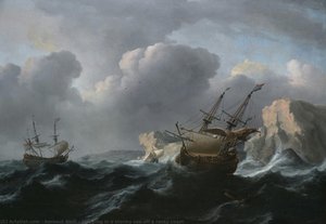 Shipping in a stormy sea off a rocky coast