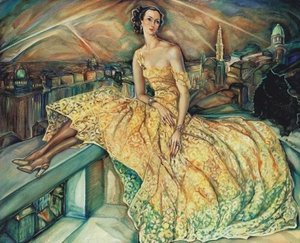 Portrait Of A Lady With Budapest At Night At The Background