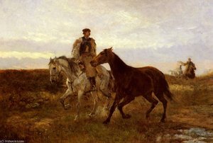 leading the horses home at sunset