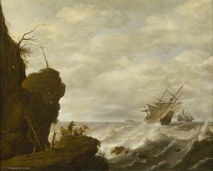 A Dutch Ship in a Breeze off a Rocky Coast