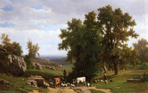 An Extensive Wooded Rocky Landscape With Shepherds And Flock, Cows And A Traveller On A Horseback — Eugène Joseph Verboeckhoven