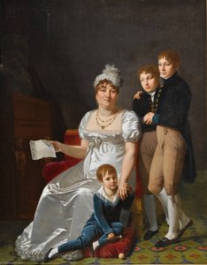 Portrait Of Madame B., Née Etiennette Delagrange, Full Length, Seated, Wearing A White Dress And Hat, Holding A Letter, With Her Three Sons — Jacques Antoine Vallin, Neoclassicism