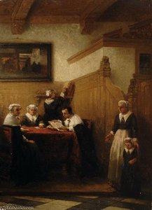 A 17th Century Interior With Regents Around A Table