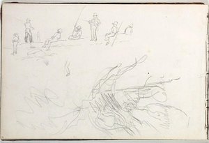 Study, A Cedar And Various Studies Of A Man Fishing — Thomas Cole, Hudson River School
