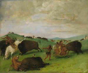Buffalo Chase, Bulls Making Battle With Men And Horses — George Catlin, Romantic Landscape Painting