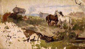 Horses in a Field with Gypsies and a Caravan