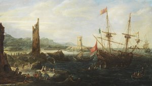 Coastal landscape with warship under papal flag and a Dutch sloop