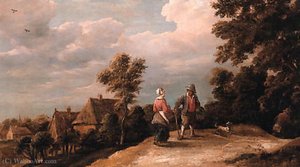 Peasants returning from market on a sandy path by a village