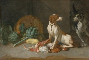 Two Hounds With A Still Life Of Entrails, Artichokes, Lettuce, Squash And A Woven Basket — Pierre Van Boucle