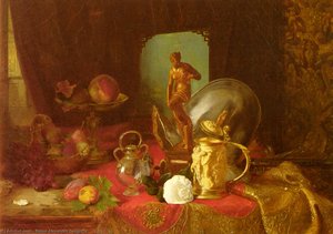 Still Life With Fruit, Objets D'art And A White Rose On A Ta