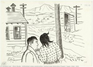 Unfinished Camp Construction, Central Utah Relocation Project, Topaz, Utah, 1942 — Miné Okubo