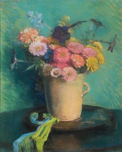 Zinnias, Petunias and Delphinium in a Yellow Pottery Crock