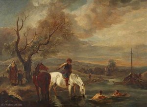 Country Scene With A Man On Horseback And Bathers — Pieter Wouwerman